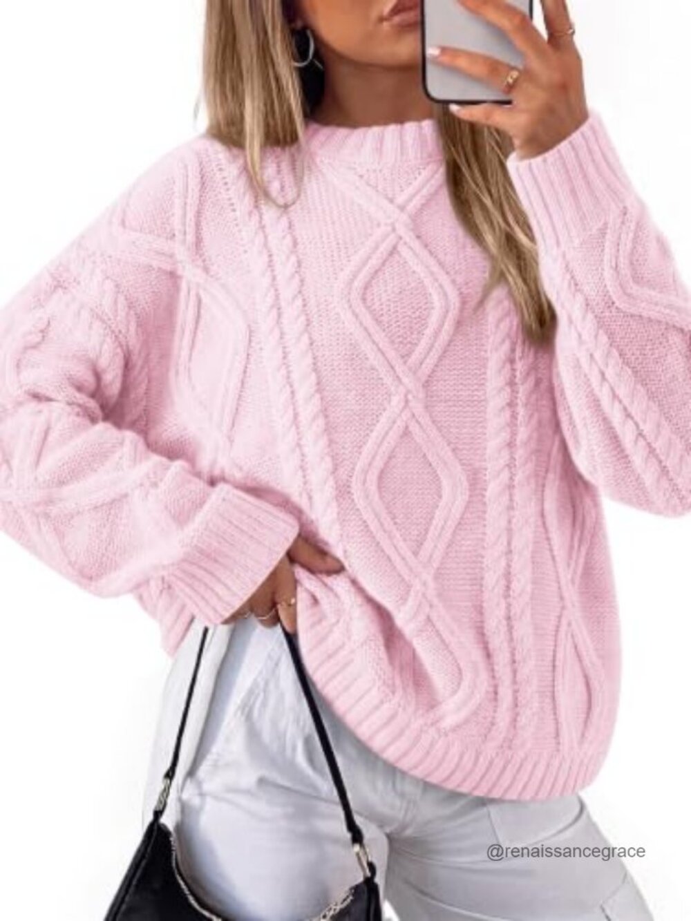 Oversized Cable Knit Sweater Pullover Long Sleeve Crew Neck Lantern Sleeve